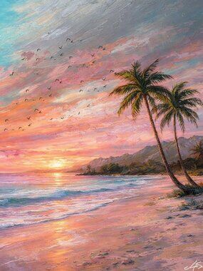 Tropical Sunset Beach Art Print Orange Purple 36x24 Coastal Wall Decor